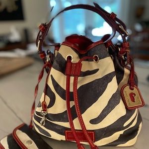 Dooney & Bourke Drawstring Serengeti Zebra Drawstring Leather Bucket Bag Purse